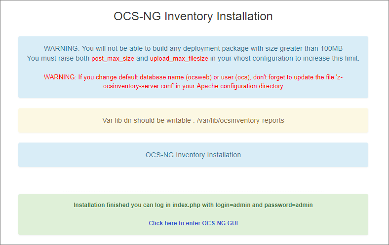 Fin de la configuration du portail web de OCS Inventory NG